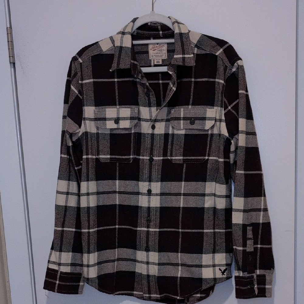 Black and Cream Plaid Button-Up Shirt